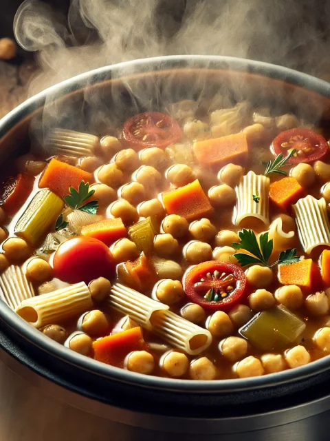 Minestrone di ceci con pasta in pentola a pressione