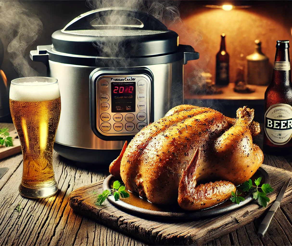 Pollo intero alla birra cotto al vapore in pentola a pressione
