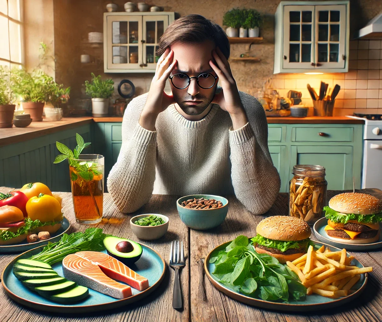 giovane stressato per la scelta di cosa mangiare
