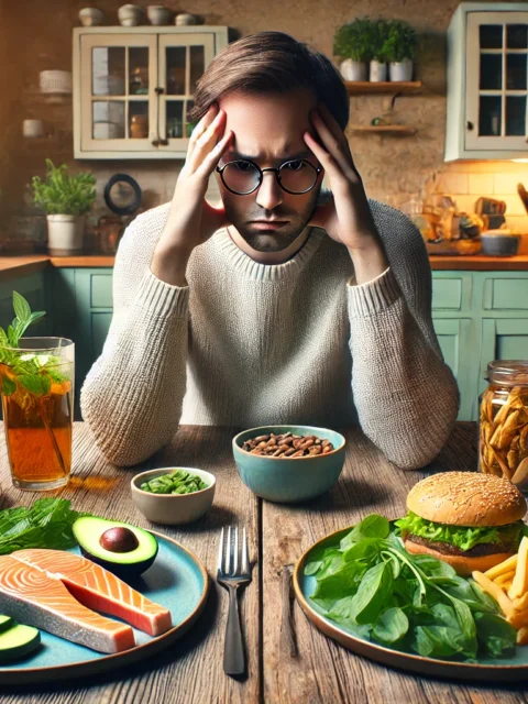 giovane stressato per la scelta di cosa mangiare